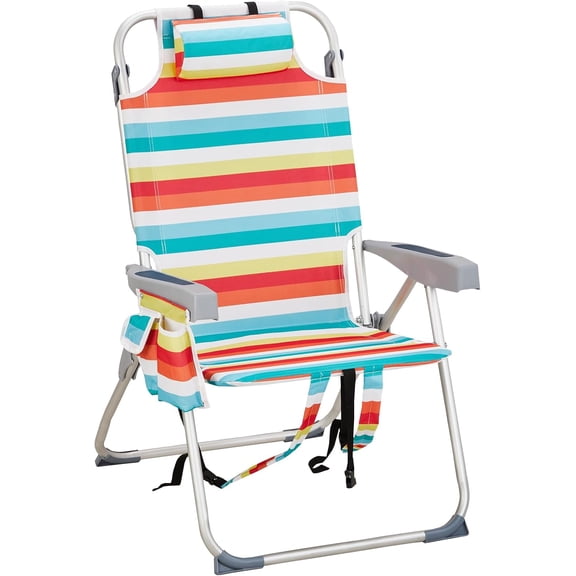 Tall Beach Chairs for Adults, 5-Position Reclining Backpack Beach Chair with Cooler , Portable Lightweight Folding Aluminum Beach Chair with Cup Holder, Supports 220lbs, Rainbow Stripes