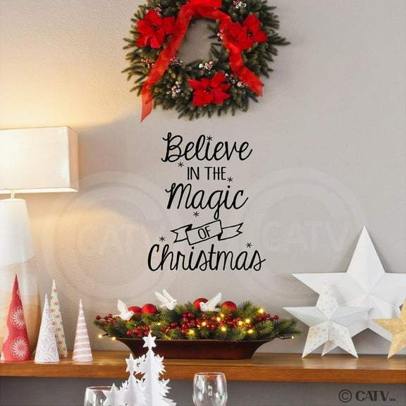 (Tall) Believe In The Magic Of Christmas Wall Saying Vinyl Lettering Decal Sticker (16"W x 20"H, Black)