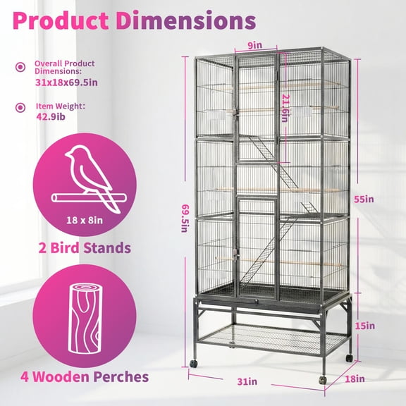 Tall Bird Aviary, Black Divided Flight Cage 69in, Roomy Steel Parrot Cage with Slide Fecal Tray, Rolling Wheels, Wooden Perches, Feed Cups for Backyard Parrot Breeding