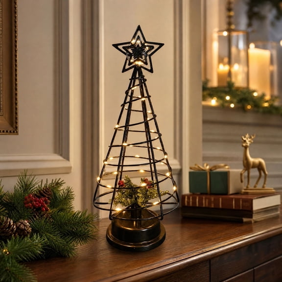 Tall Black Wrought Iron Christmas Tree with LED Lights Decorative Ornament for Dining Table Mantel Entryway Cabinet,12.99in