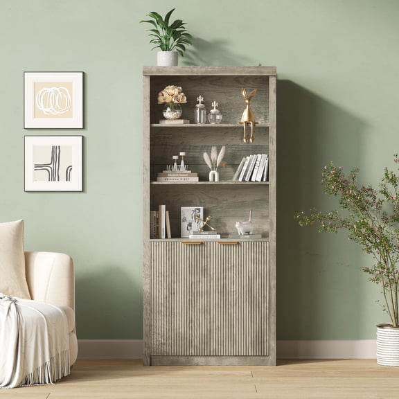 Tall Book Shelf and Bookcase, 31.5" Wide Wooden Bookcase with Doors, Modern Book Case with Large Storage, Mid-Century Modern Bookshelves for Home Office, Living Room