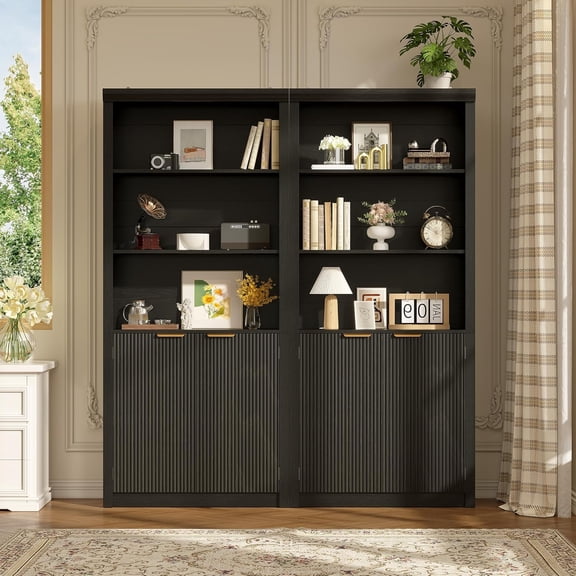 Tall Book Shelf and Bookcase, Living Room, Wooden Bookcase with Doors, 2 Set Black, Modern Book Case with Large Storage Organizer, 5-Shelf Bookcases with Adjustable top Shelve for Home Office