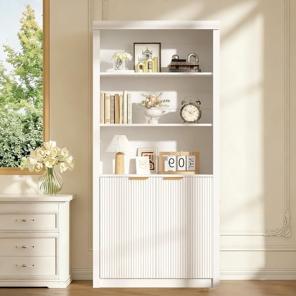 Tall Book Shelf and Bookcase, Wooden Bookcase with Doors, Modern Book Case with Large Storage Cabinet, 5-Shelf Bookcases with Adjustable top Shelve for Home Office, Living Room, White