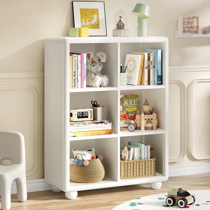 Tall Bookcase with 6 Cube Storage, Wooden Kids Bookshelf with Child Safe Paint, Girl Toy Storage Organizer Cabinet with Thick Board, Boy Large Book Shelves for Office Playroom Living Room