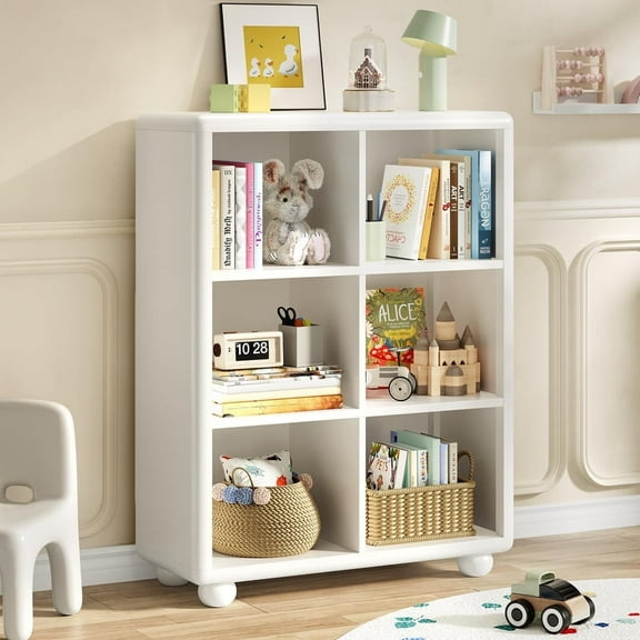 Tall Bookcase with 6 Cube Storage, Wooden Kids Bookshelf with Child Safe Paint, Girl Toy Storage Organizer Cabinet with Thick Board, Boy Large Book Shelves for Office Playroom Living Room