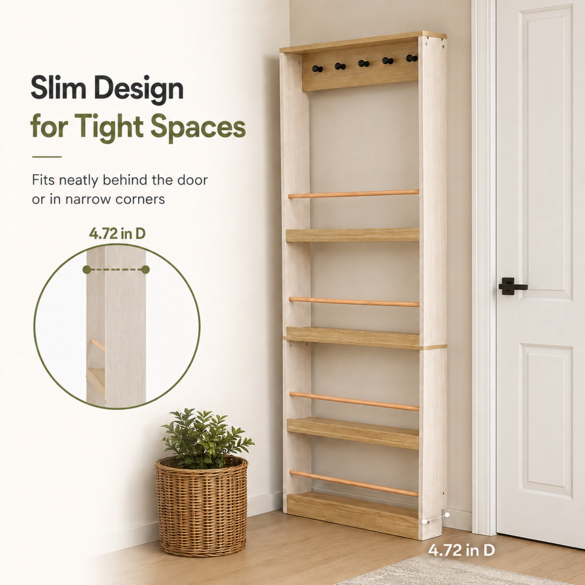 Tall Bookcase 70.87 Inch, Narrow Storage Cabinet with 5 Hooks and 4 Shelves, Space-Saving Shelf for Living Room and Kitchen, Antique White