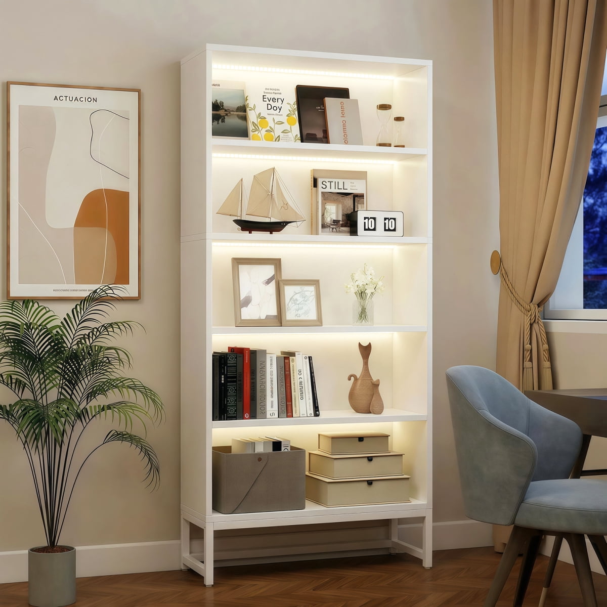 Tall Bookcase with LED Lights, 5 Tier Bookshelf with Storage, Heavy ...
