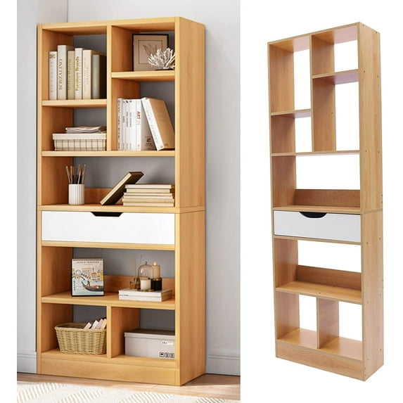 Tall Bookcase Organizer with Open Shelves 8 Cubes Wood