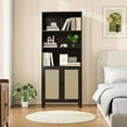 thumbnail image 1 of Tall Bookcase With Rattan Doors, Natural Wood Finish, 5 Tier Storage Solution For Library And Home Office Decor,Black, 1 of 7