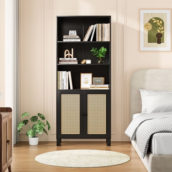Tall Bookcase With Rattan Doors, Natural Wood Finish, 5 Tier Storage Solution For Library And Home Office Decor,Black