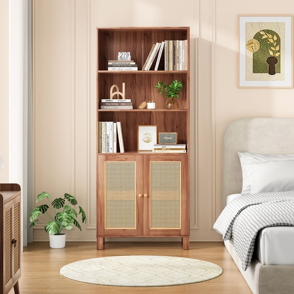 Tall Bookcase With Rattan Doors, Natural Wood Finish, 5 Tier Storage Solution For Library And Home Office Decor,
Natural