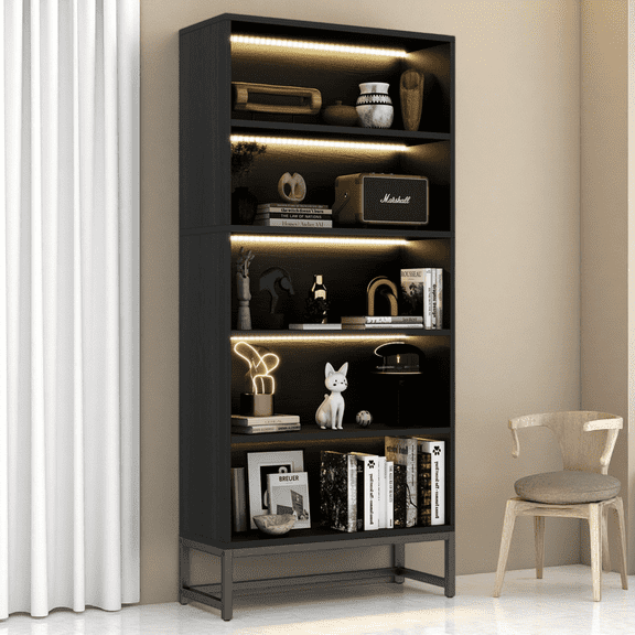 Tall Bookcase with LED Lights, 5 Tier Bookshelf with Storage, Heavy Duty Wood Display Cabinet for Living Room Home Office Study, Black