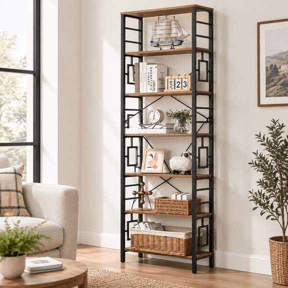 Tall Booksh 84 Inch Industrial With Metal Frame And Open Shelves 7 Tier Bookshelves Bookcases Rustic Book Shfor Office Living Room