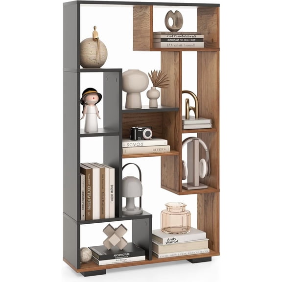 Tall Bookshelf, 47’’ Bookcase with 9 Geometric Shelves, Wood Bookshelves & Bookcases, Display Shelf with Storage, Book Shelves for Bedroom, Living Room, Home Office (Black & Natural)