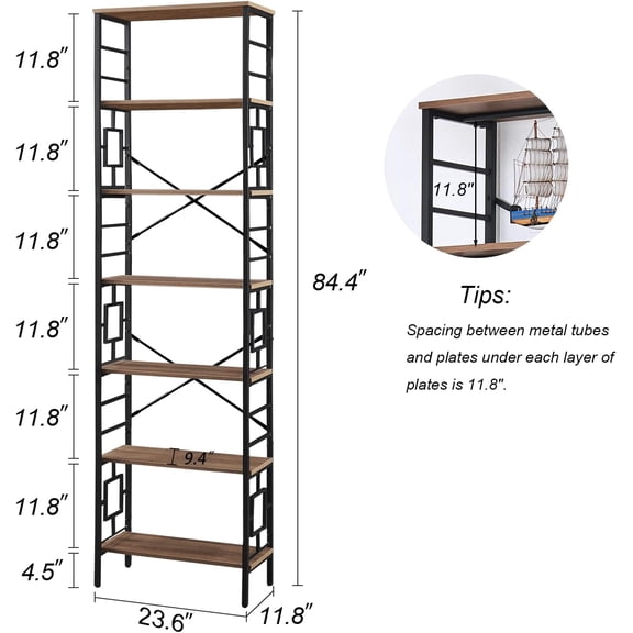 Tall Bookshelf, 84 Inch Industrial Bookshelf with Metal Frame and Open Shelves, 7 Tier Metal Bookshelves and Bookcases, Rustic Tall Book Shelf for Office, Living Room and Bedroom, Brown