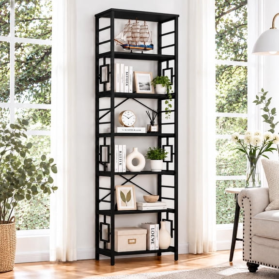 Tall Bookshelf, 84 Inch Industrial Bookshelf with Metal Frame and Open Shelves, 7 Tier Metal Bookshelves and Bookcases, Rustic Tall Book Shelf for Office, Living Room and Bedroom, Black