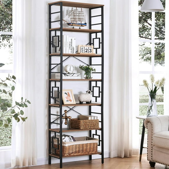 Tall Bookshelf, 84 Inch Industrial Bookshelf with Metal Frame and Open Shelves, 7 Tier Metal Bookshelves and Bookcases, Rustic Tall Book Shelf for Office, Living Room and Bedroom, Brown