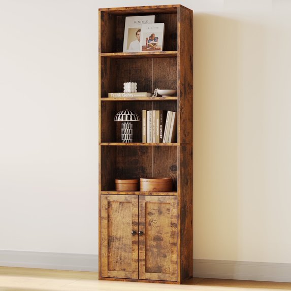 Casacomoda Bookcase with Adjustable Bottom Shelf, 6-Tier Bookshelf with Cabinet Doors, Floor Standing Book Shelf for Office & Home Storage, Walnut Brown