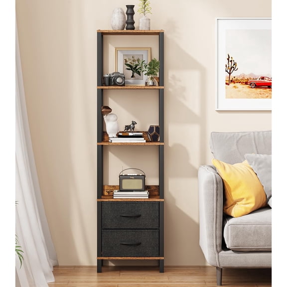 Tall Bookshelf with Drawers, 6-Tier Tall Bookcase for Books, Garage Kit, CDs, Movies, Modern Standing Bookshelves Storage Organizer for Bedroom Office Living Room Rustic Brown