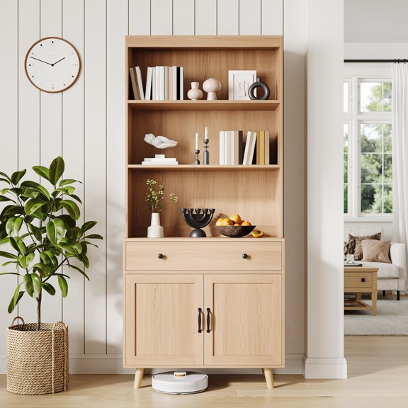 Tall Bookshelf with Storage Cabinet, 72.4" Wood Bookcase with , Drawer & Open Shelves, Freestanding Display Bookshelves for Home Office, Living Room, Bedroom, Kitchen