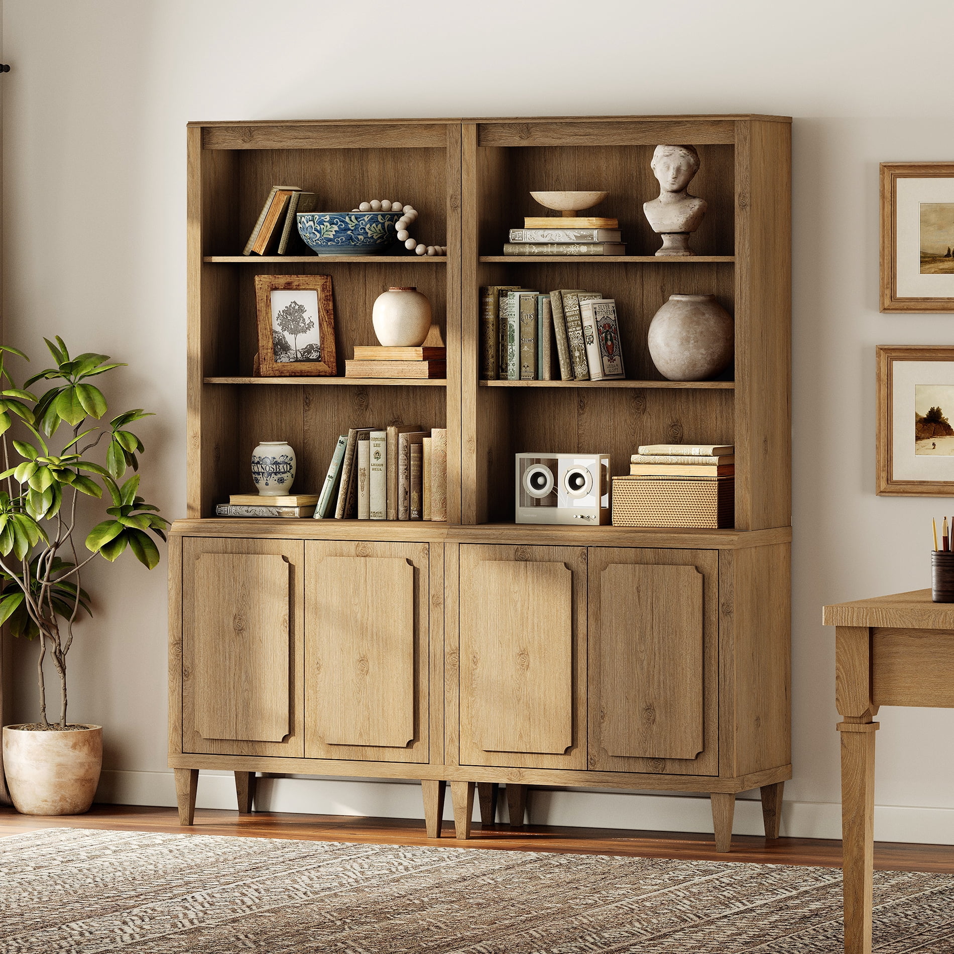 Tall Bookshelf with Doors, 72.8 Inch Large Wood Bookshelf with Storage, 2 PCS