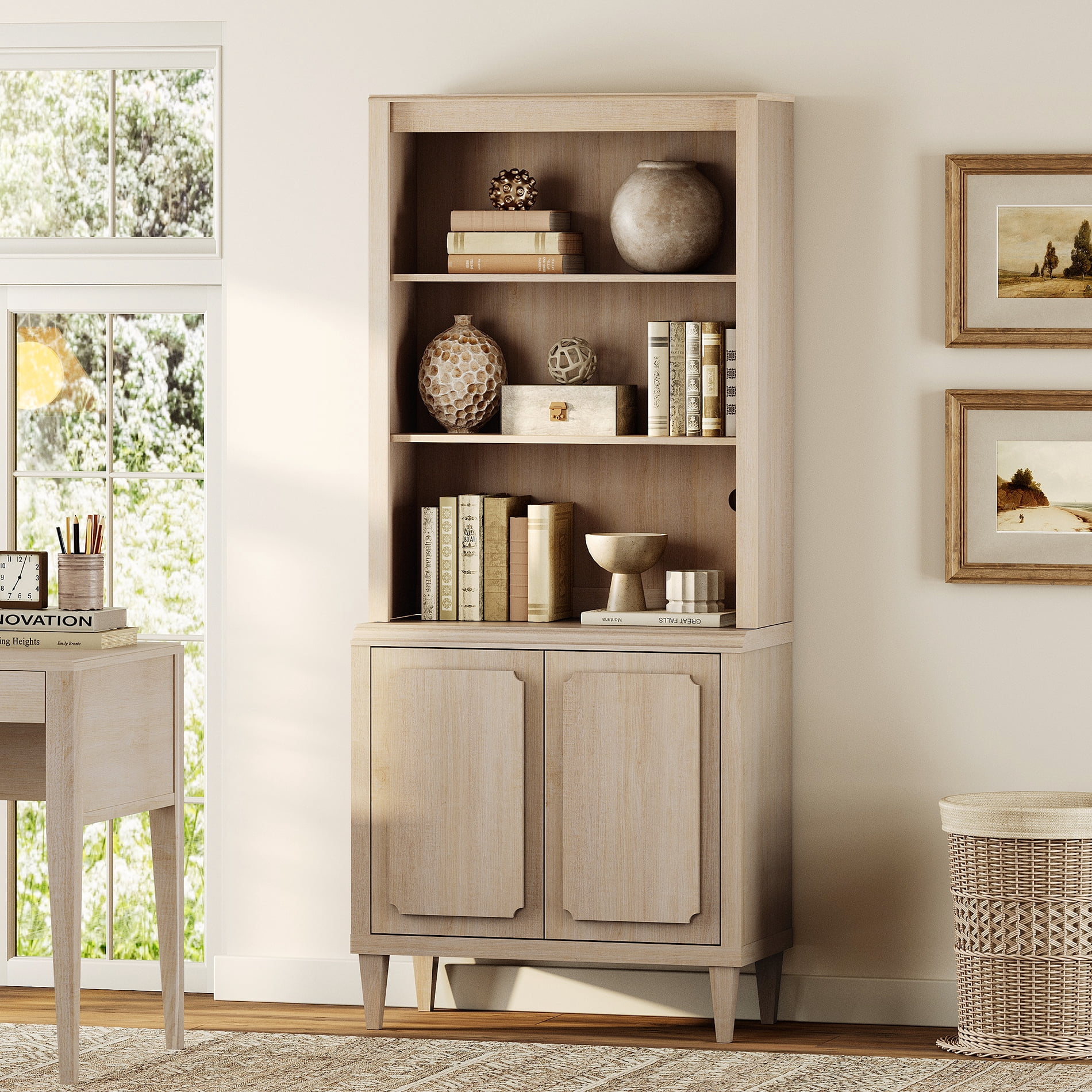 Tall Bookshelf with Doors, 72.8 Inch Large Wood Bookshelf with Storage