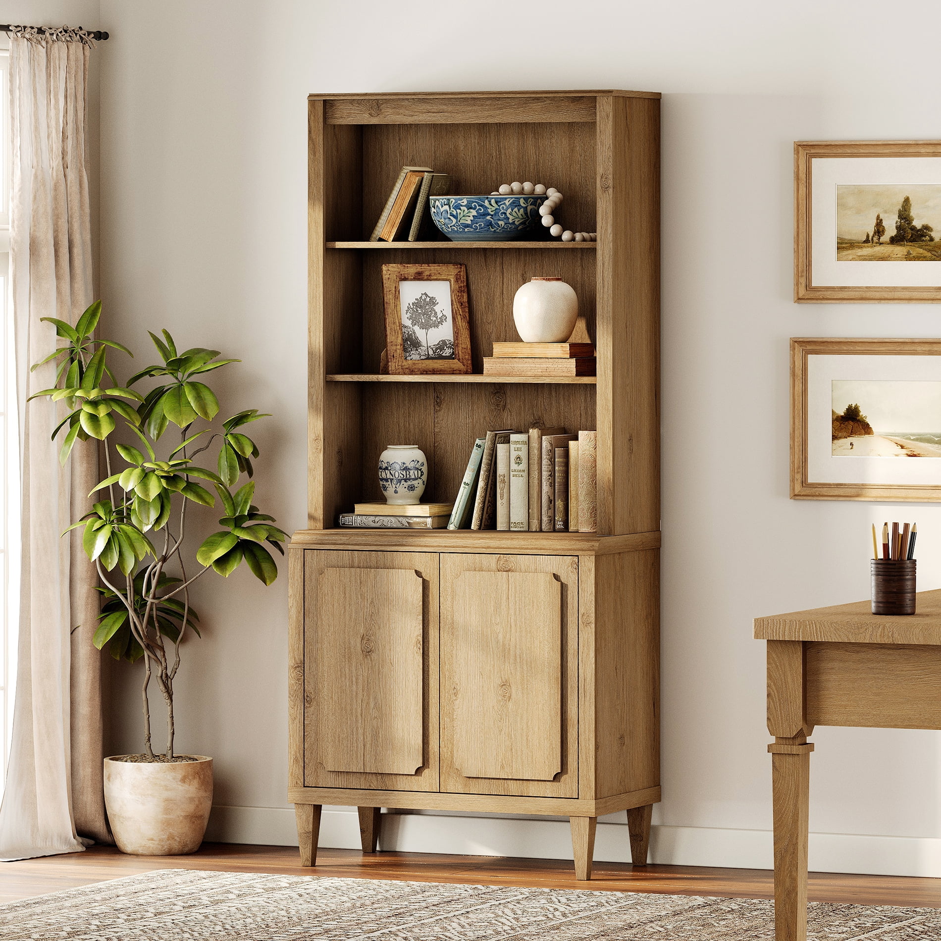 Tall Bookshelf with Doors, 72.8 Inch Large Wood Bookshelf with Storage