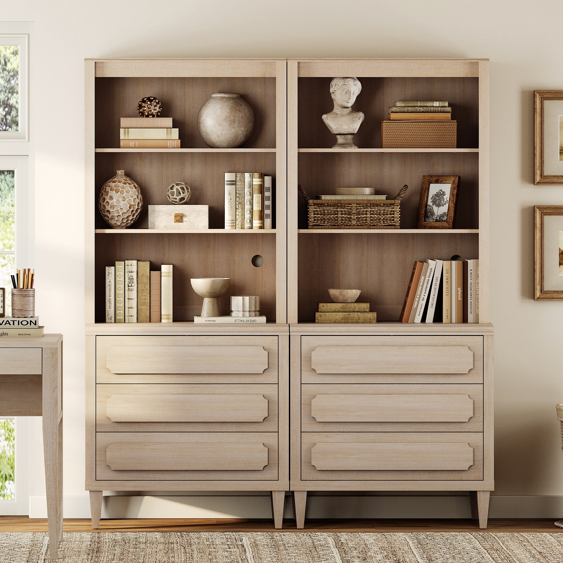 Tall Bookshelf with Drawers, 72.8 Inch Vintage Wood Bookcase with Storage, 2 PCS