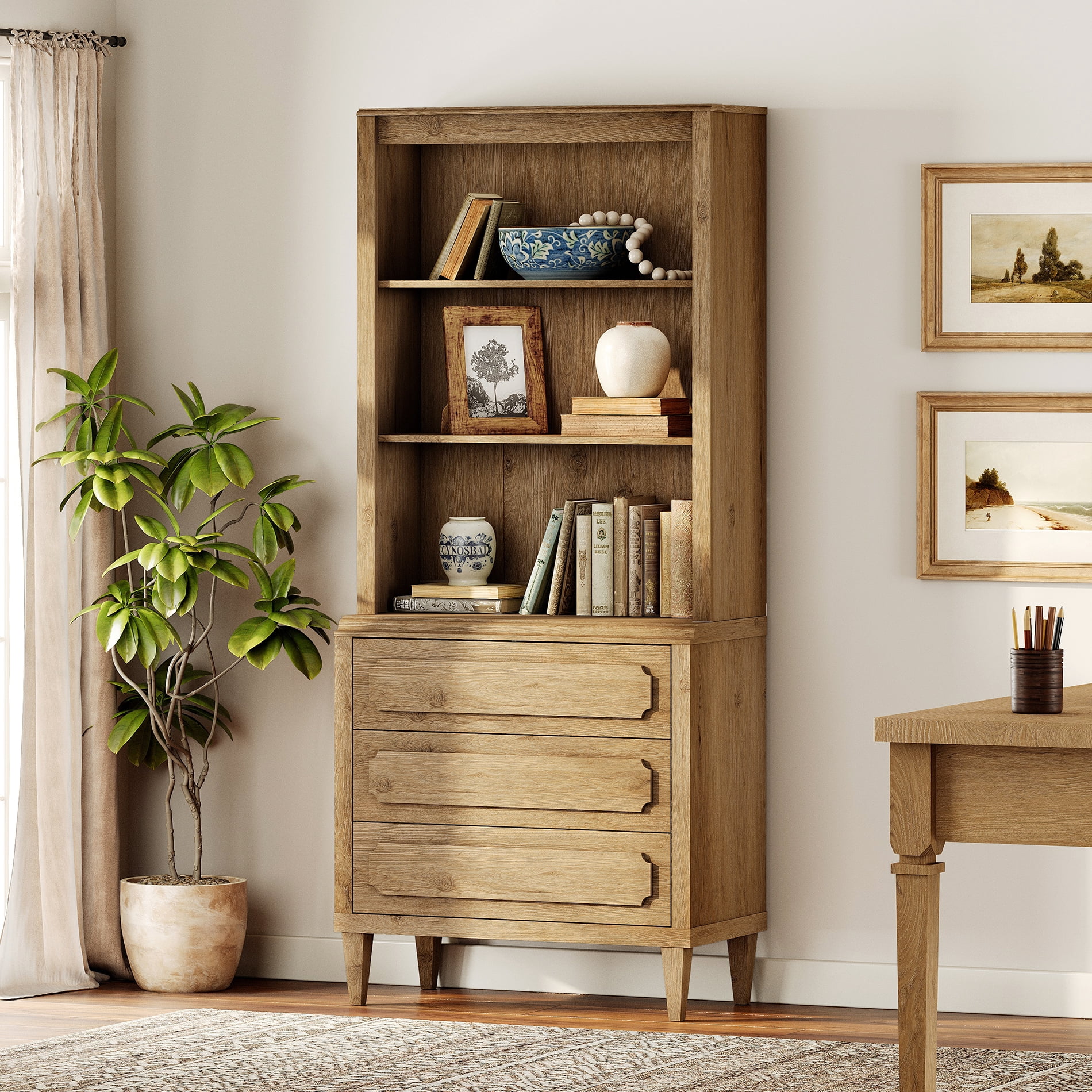 Tall Bookshelf with Drawers, 72.8 Inch Vintage Wood Bookcase with Storage