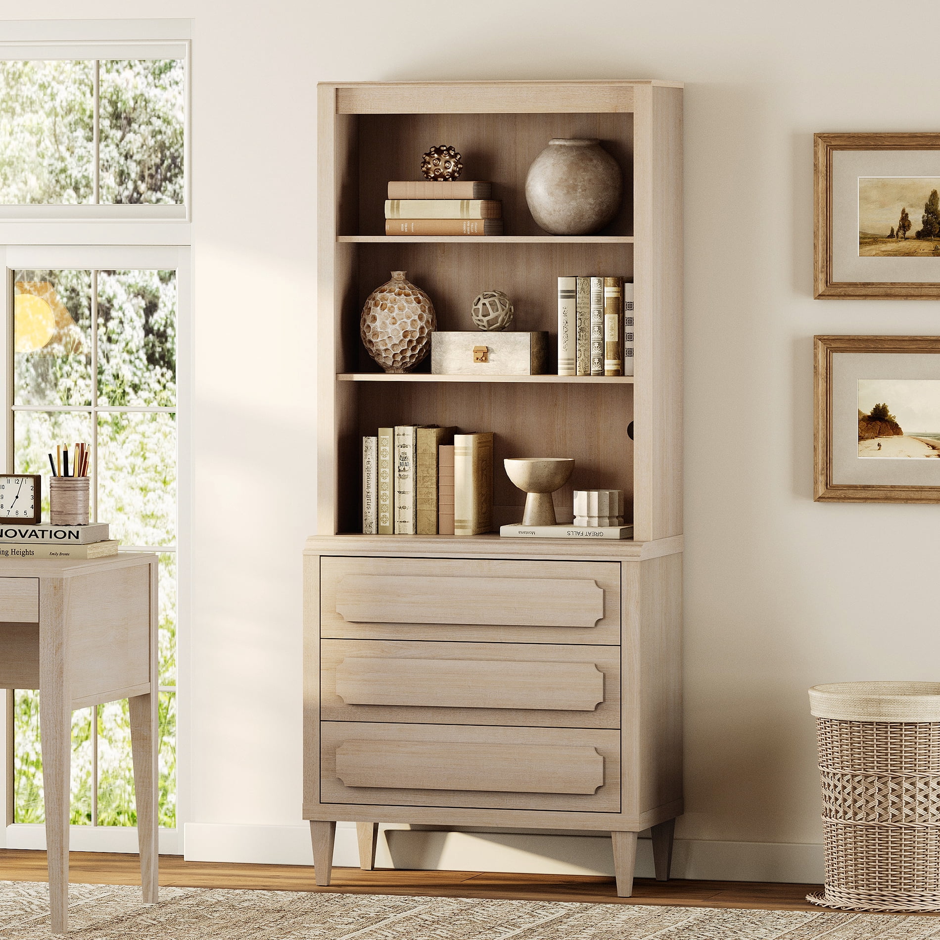 Tall Bookshelf with Drawers, 72.8 Inch Vintage Wood Bookcase with Storage