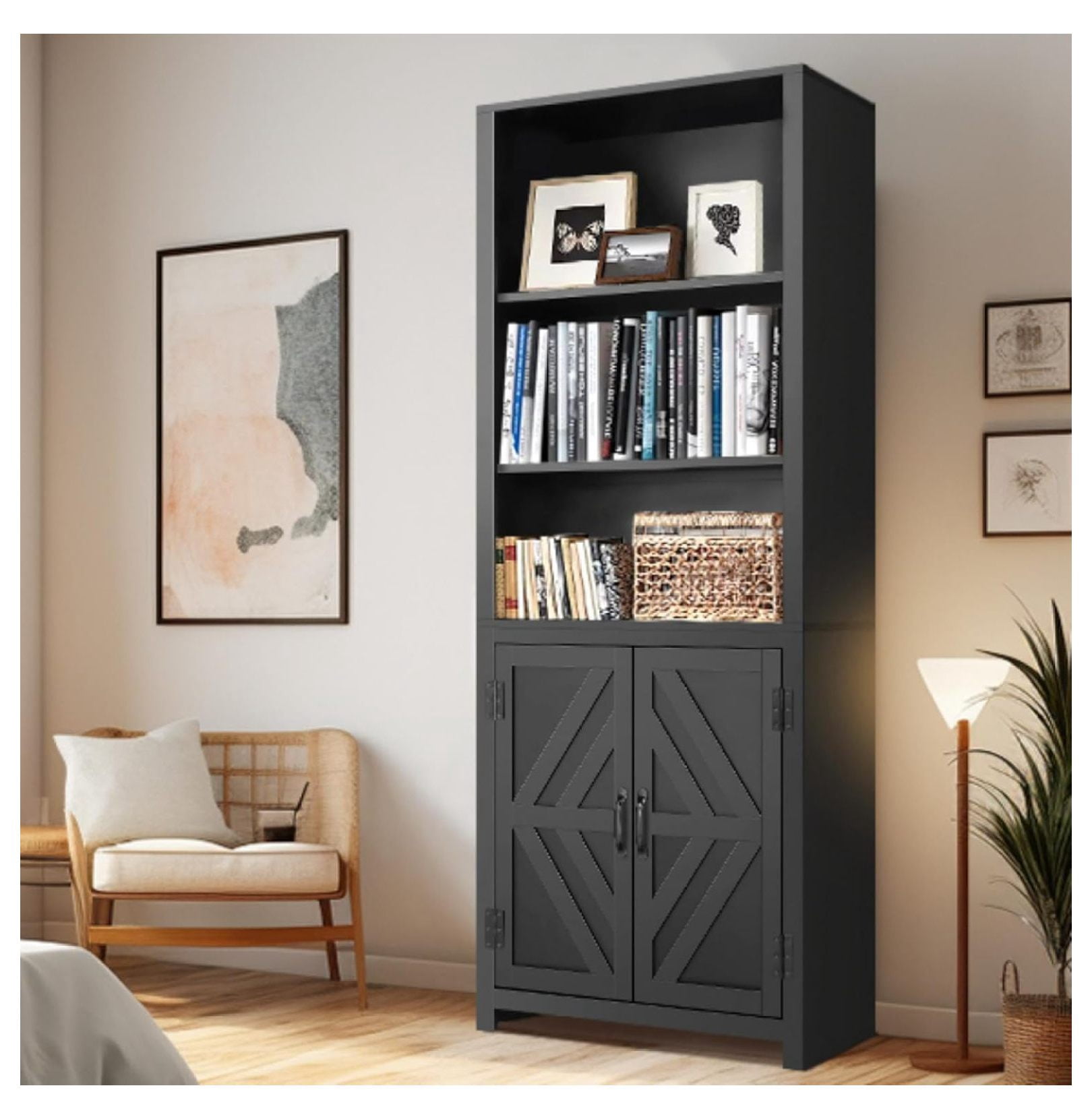Tall Bookshelves, 5-Tier Farmhouse Bookshelf with Cabinet Doors, 71 ...