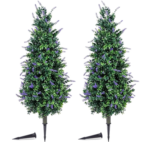 THE BRIVE 3ft Green Cone Topiary Trees with Lavender,Set of 2 UV Resistant Artificial Foliage with Ground Spike, Weatherproof Outdoor Decorative Shrubs for Porch Garden