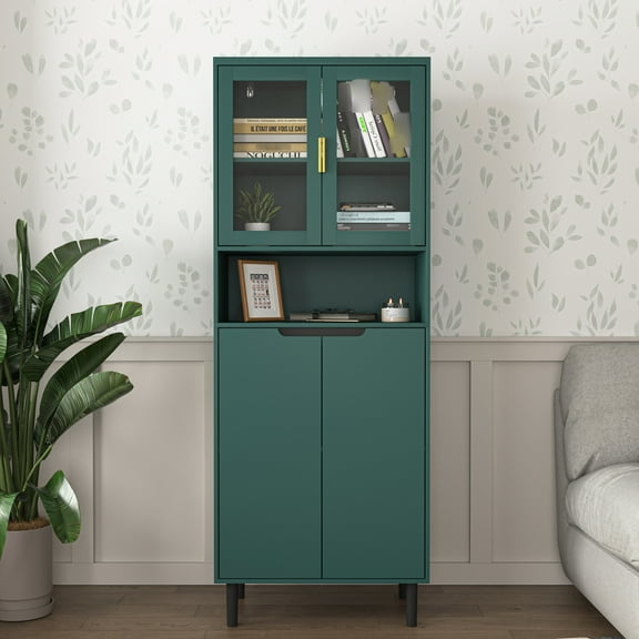 Tall Cabinet With Tempered Glass Door - 4 Doors, , For Bedroom Living Room, 24.2" L × 13.38" D 4-door Bookcase And Movable Board, Storage In