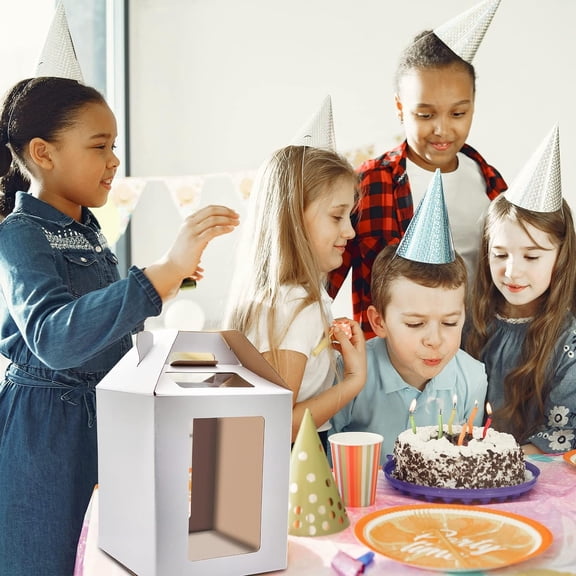 Tall Cake Boxes 6pcs 14x14x16 and 16x16x18 Inches White With Window for Tier Cakes, Wedding, Birthday Transport - Large With Handle, Disposable Containers