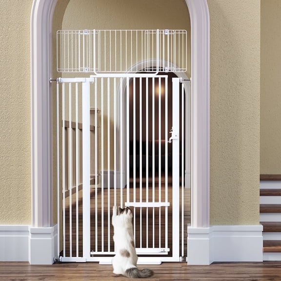 Cat Gate,Caveen 71 inch Extra Tall Pet Dog Gate with Cat Door,29.5''-40.6''Wide Gate for Cats,Walk Through Indoor for Doorways,White