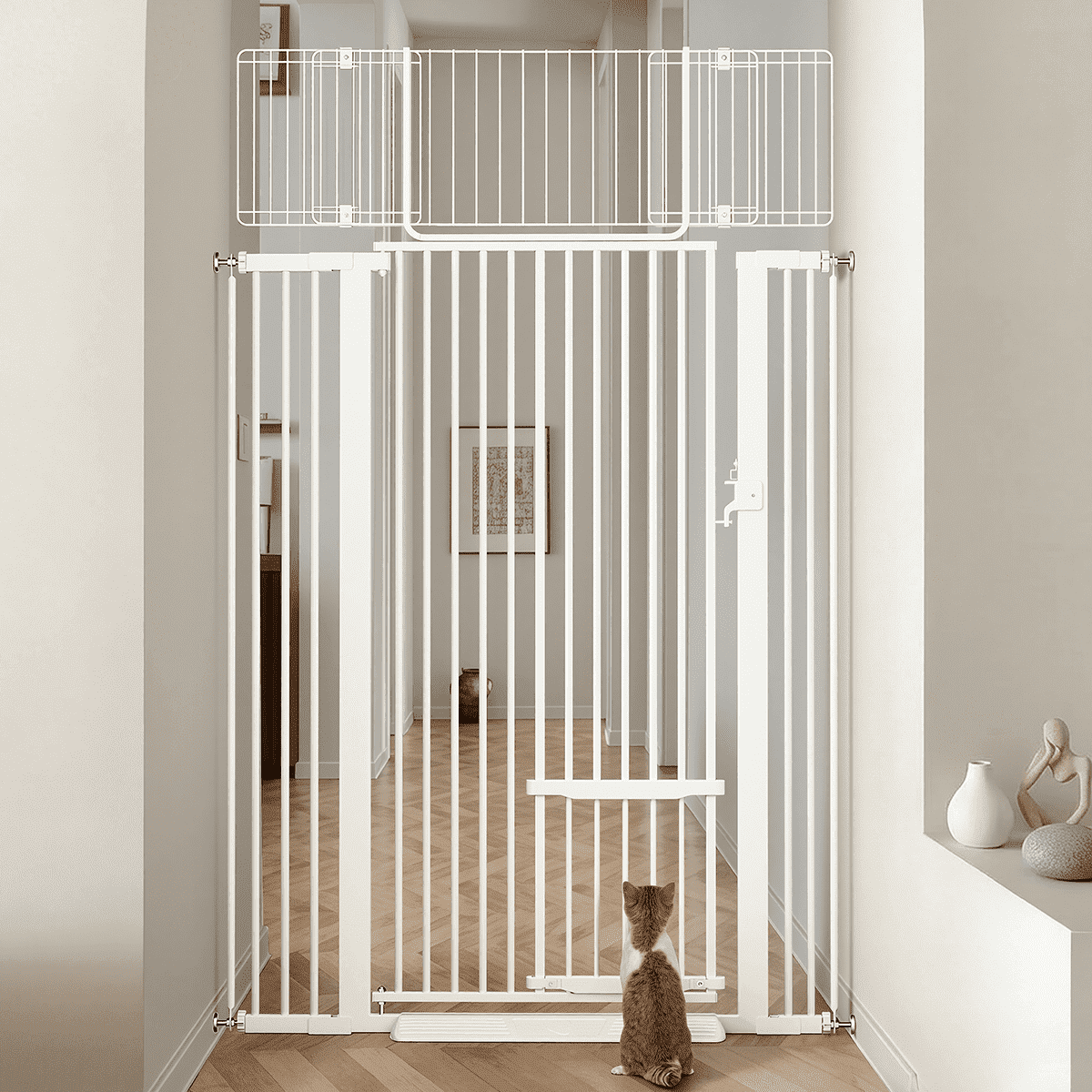 Cat Gate,Domipet 71 inch Extra Tall Pet Dog Gate with Cat Door,29.5''-40.6''Wide Gate for Cats,Walk Through Indoor for Doorways,White