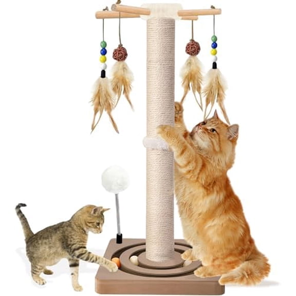 Tall Cat Scratching Post, 33 Inches, Sisal, Interactive Furniture Toys for Indoor Cats Adults, 2 Mounting Methods Large Scratcher Tree Tower with Hanging and Ball Track, Activity Center for All Ages