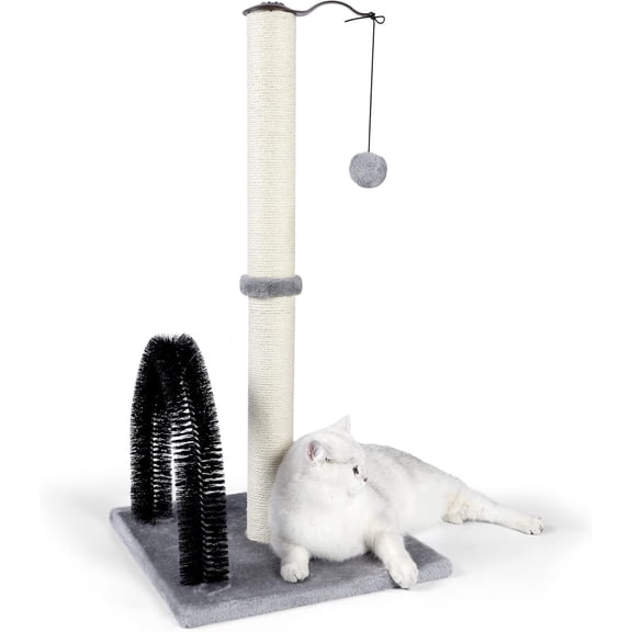 Tall Cat Scratching Post with Arch Self Groomer Massager, 32" Scratching Post for Indoor Cats from Kitten to Adult Cats, Stable Sisal Cat Post with Extra Interactive Dangling Plush Toy