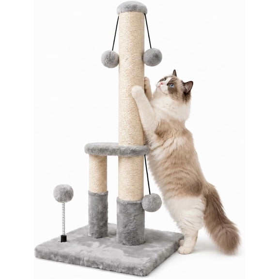 Tall Cat Scratching Post, Double Lower Posts Extra Stable Cat Post Tree Scratcher with Sisal Rope and Teasing 4 Balls Total Large Base (Grey)