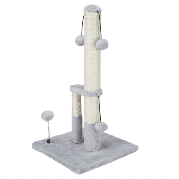 Tall Cat Scratching Post, Double Lower Posts Stable Cat Post Tree Scratcher with Sisal Rope and Teasing 4 Balls Total Large Base (Grey)
