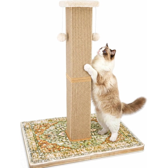 Tall Cat Scratching Post for Indoor Cats Adults, 33'' Large Cat Scratch Post with Perch, Cute Cat Scratching Post with Boho Carpet & Dangling Ball Toys