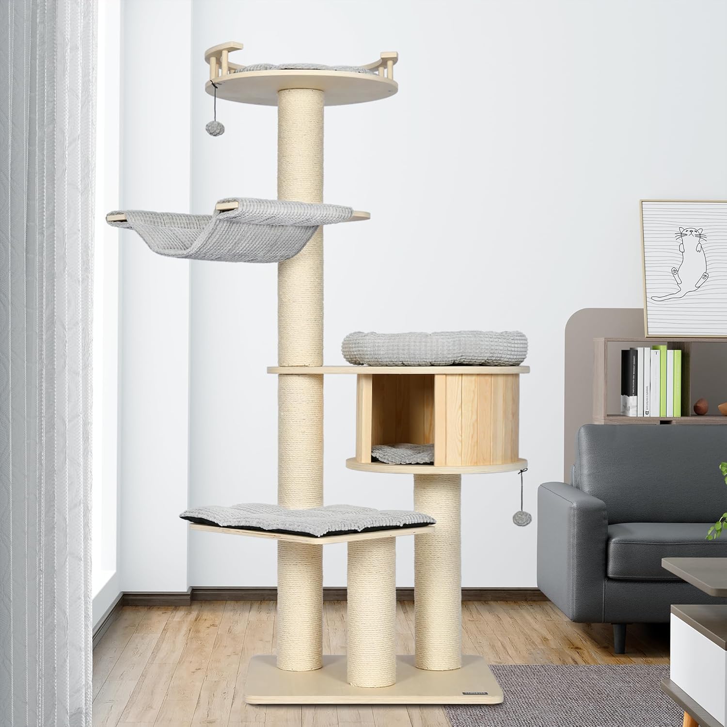 Tall Cat Tree, 68" Large Cat Tower MultiLevel Platforms with Sisal