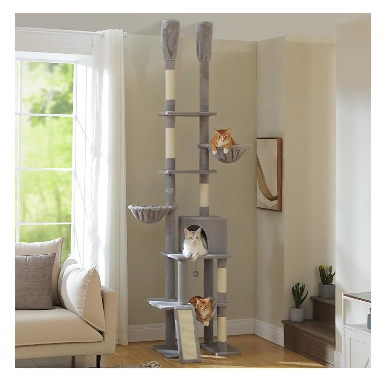 Tall Cat Tree Floor to Ceiling - Adjustable Cat Tower 85-112 Inches - 7 Tier Cat Climbing Tower with Hammocks & Scratching Posts for Indoor Cats - Gray