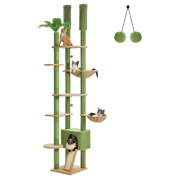 Tall Cat Tree Floor to Ceiling Adjustable 90.5''-100.4'' Cat Tower with Condo & Hammock for Large Indoor Cats, Green Climbing Tree