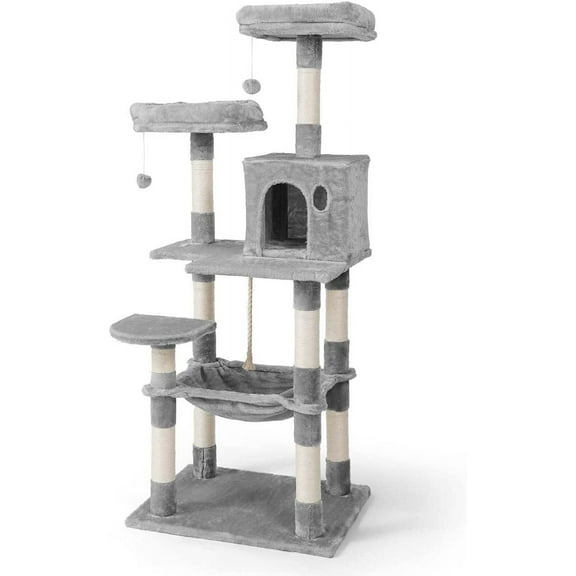 Tall Cat Tree for Indoor Large Cats or Kittens, Multi-Level Cat Activity Tree with Scratching Posts, Hammock, Cat Cave Condo, Modern Cute Small Cat Climbing Tower with Widened Perch