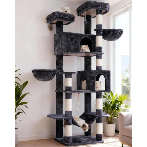 Tall  Tree, Large  Tower for Adult Cats, 80.7'' (205cm) Heavy-Duty  Tree House for Indoor Cats 20 lbs+ with  Posts, 2  Perches/Condos, Hammcok, Smoky Gray GCT034G