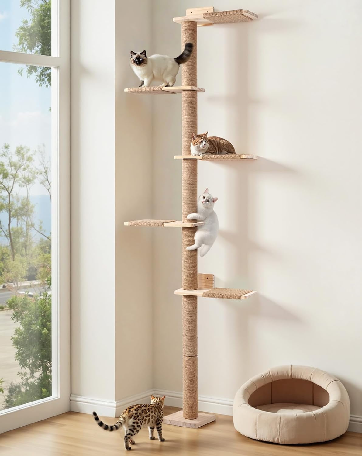 Tall Cat Tree for Wall 83.9inch, Wood Cat Wall Shelves for Kittens, Wall-Mounted Cat Tower with Scratching Post for Play, Climb & Scratching, 5 Tier Platforms