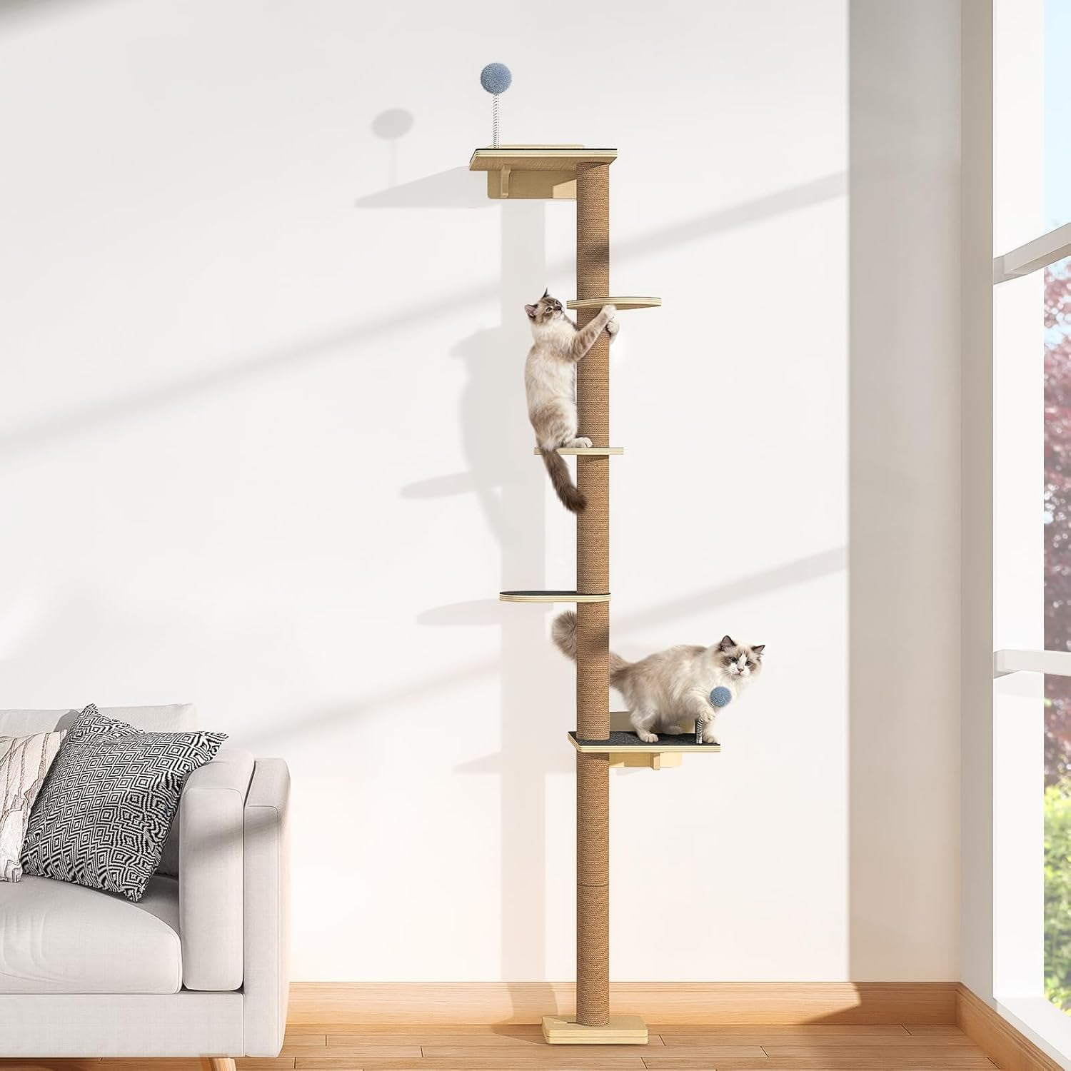Tall Cat Tree Wall Mounted for Large Cats, 82-inch Corner Scratching Post with Toys, Ceiling-to-Floor Cat Tower and Play Shelf for Sleeping Lounging Perching