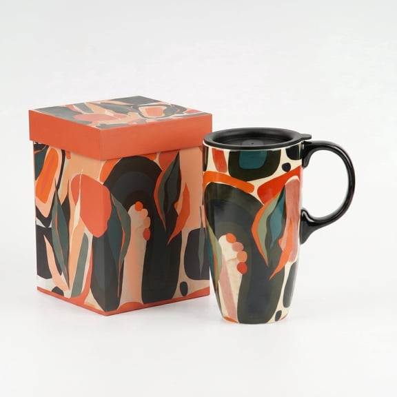 Topadorn Abstract Art Ceramic Travel Mug, 17oz, Bold Mid-Century Print, Spill-Resistant Lid, Fits Car Cup Holders, Microwave/Dishwasher/Oven Safe, Gift Boxed