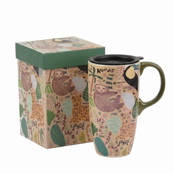Topadorn Jungle Animal Ceramic Travel Mug, 17oz, Sloth & Toucan Print, Spill-Resistant Lid, Microwave Dishwasher Safe, Gift Boxed